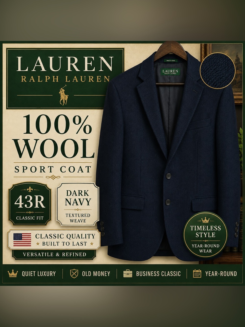 Lauren Ralph Lauren Green Label 100% Wool Navy Sport Coat Blazer 43R